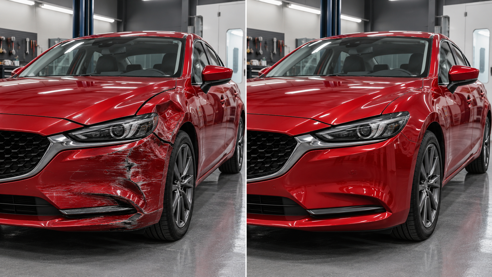 Illustrative red car with bumper and fender damage